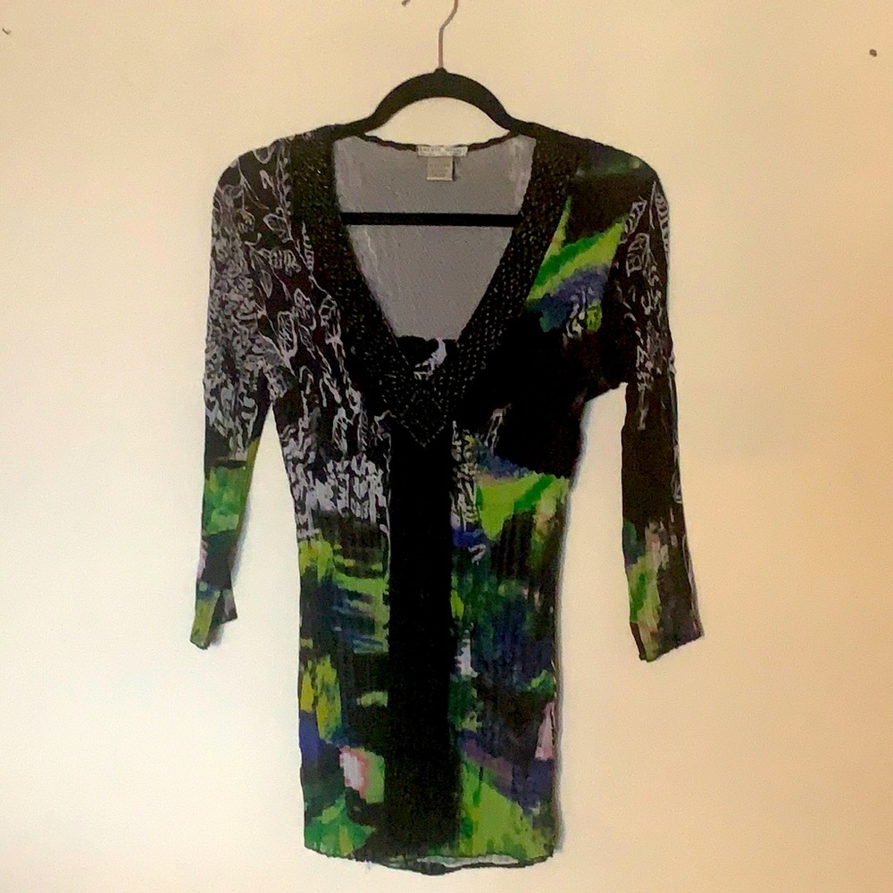 Alberto Makali pleated, beaded, fringe V-neck top